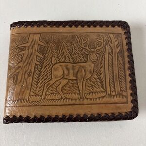 Vintage Mexico Hand Tooled Leather Mens Wallet Bifold Handmade Deer Bonilla